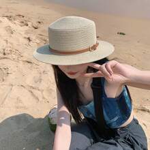 Unisex Flat Top Straw Hat For Sun Protection, Beach Vacation And Outdoor Activities Elegant