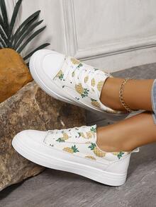 女用低筒運動鞋,前細帶,塗鴉鳳梨設計,輕便,休閒學生平底白鞋 - 米色 - 查看 4