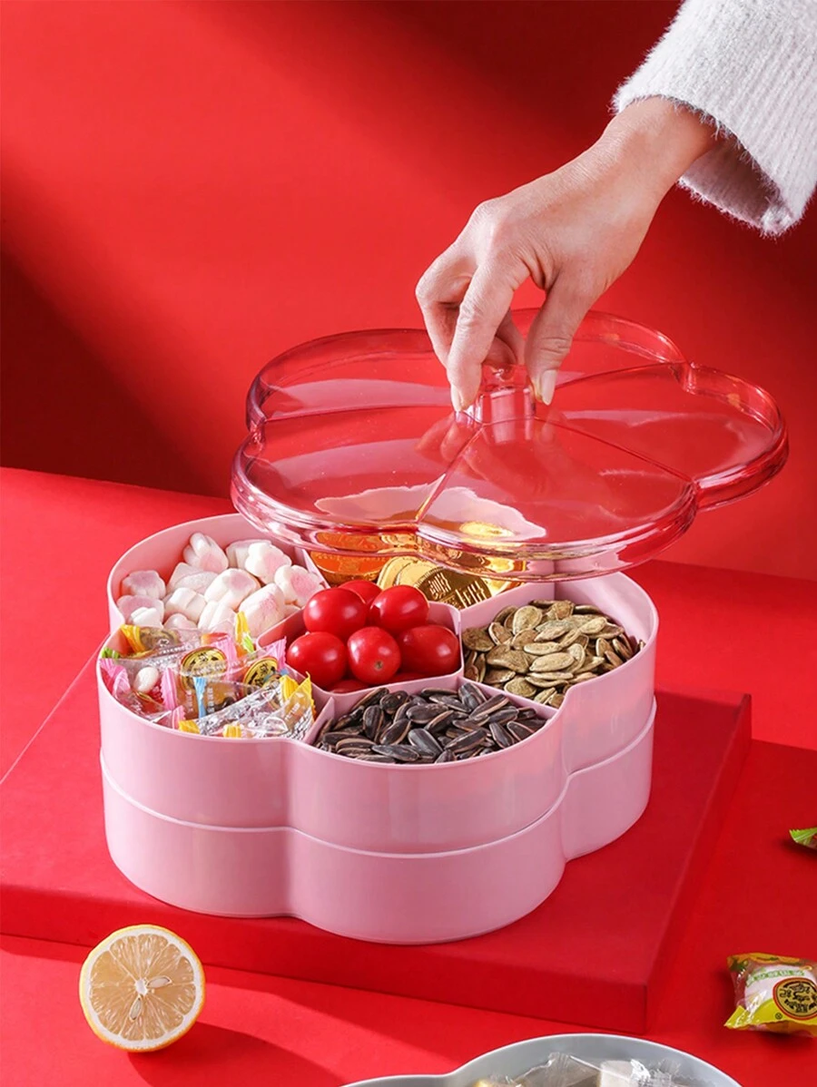 1 PC Large Capacity Dried Fruit Tray, Plastic Nut Tray, Divided Snacks, Melon Seeds, Candy Box, Wedding Candy Box, Fruit Tray - Pink Double Layer - View 1