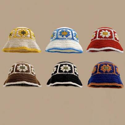 1頂女性花卉多色鉤針時尚漏斗帽,手工編織毛帽適用於街頭、海灘、派對,ins Y2k韓系波霸