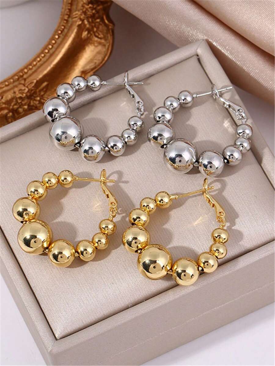 1pair Fashion Boho Style Lightweight Golden Tapered Beaded Acrylic Balls Design Hoop Earrings Suitable For Daily Wear, Party, And Beach Outings As Gifts