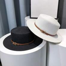 Unisex Flat Top Straw Hat For Sun Protection, Beach Vacation And Outdoor Activities Elegant