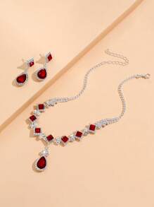 1套時尚歐美風格女士紅寶石閃亮新娘套裝,包含鏈式耳環和項鏈,適用於婚禮/派對/節日禮品 - 紅色 - 查看 4