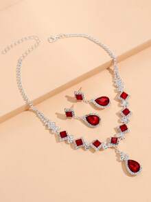 1套時尚歐美風格女士紅寶石閃亮新娘套裝,包含鏈式耳環和項鏈,適用於婚禮/派對/節日禮品 - 紅色 - 查看 3
