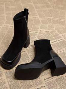 Damskie botki na wysokim obcasie, nowy koreański styl 2024, modne krótkie botki, dopasowany krój - Czarne - Zobacz 2