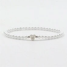 新款经典A-Z心形字母手链，女士手工仿珍珠串珠手链，情人节、母亲节女士珠宝礼物 - 銀色 - 查看 3