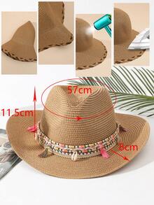 1個中性款流蘇貝殼裝飾波西米亞牛仔帽,帶遮陽罩草帽,適用於戶外活動 - 多色2 - 查看 5