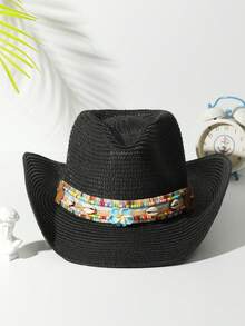 1個中性款流蘇貝殼裝飾波西米亞牛仔帽,帶遮陽罩草帽,適用於戶外活動 - 多色2 - 查看 15