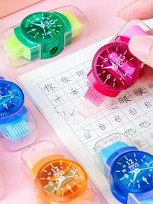 1入組隨機配色2合1造型鉛筆刨削器與橡皮擦,可愛卡通設計,有趣的學生文具 - 彩色 - 查看 5