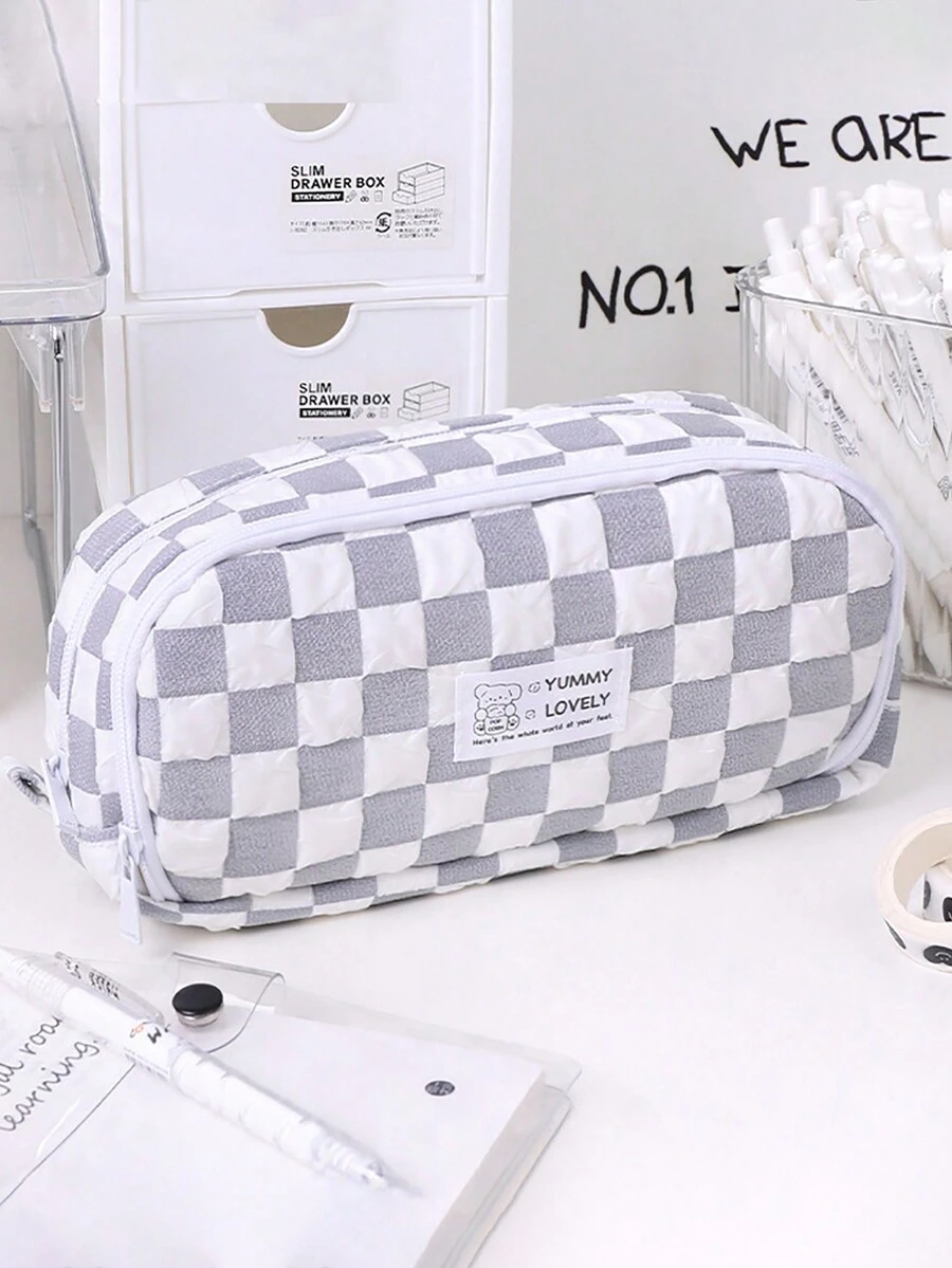 1pc Simple Checkerboard Pattern Student Pencil Case, Fabric Large Capacity Multi-Functional Stationery Organizer Storage Bag Pencil Box - Multicolor - View 1