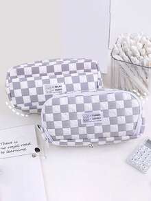 1pc Simple Checkerboard Pattern Student Pencil Case, Fabric Large Capacity Multi-Functional Stationery Organizer Storage Bag Pencil Box - Multicolor - View 4
