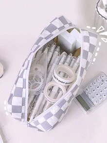 1pc Simple Checkerboard Pattern Student Pencil Case, Fabric Large Capacity Multi-Functional Stationery Organizer Storage Bag Pencil Box - Multicolor - View 8