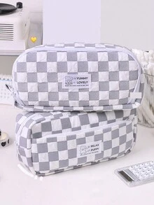 1pc Simple Checkerboard Pattern Student Pencil Case, Fabric Large Capacity Multi-Functional Stationery Organizer Storage Bag Pencil Box - Multicolor - View 3