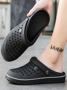 Men's Simple Casual Hollow Out Flat Sandals With Closed Toe - Black - View 5