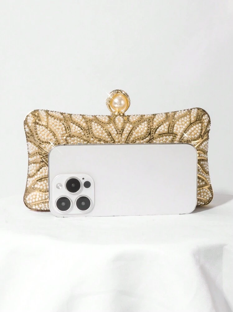 Evening Clutch Bag With Pearls Decoration, Elegant Purse For Women's Party, Wedding And Formal Event - Gold - View 5
