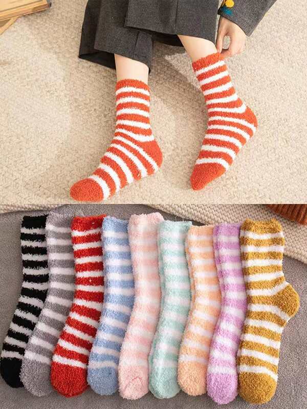1/6/12 paia di calze da donna, colori misti, in pile di corallo per autunno e inverno, spesse e calde, con strisce alla moda, calze casual da donna, calze da casa e da notte, calze a metà polpaccio, calze soffici tipo asciugamano, adatte per uso quotidiano, festival, casa, ufficio, sport, regali, protezione dal freddo, spedizione a colori casuali
