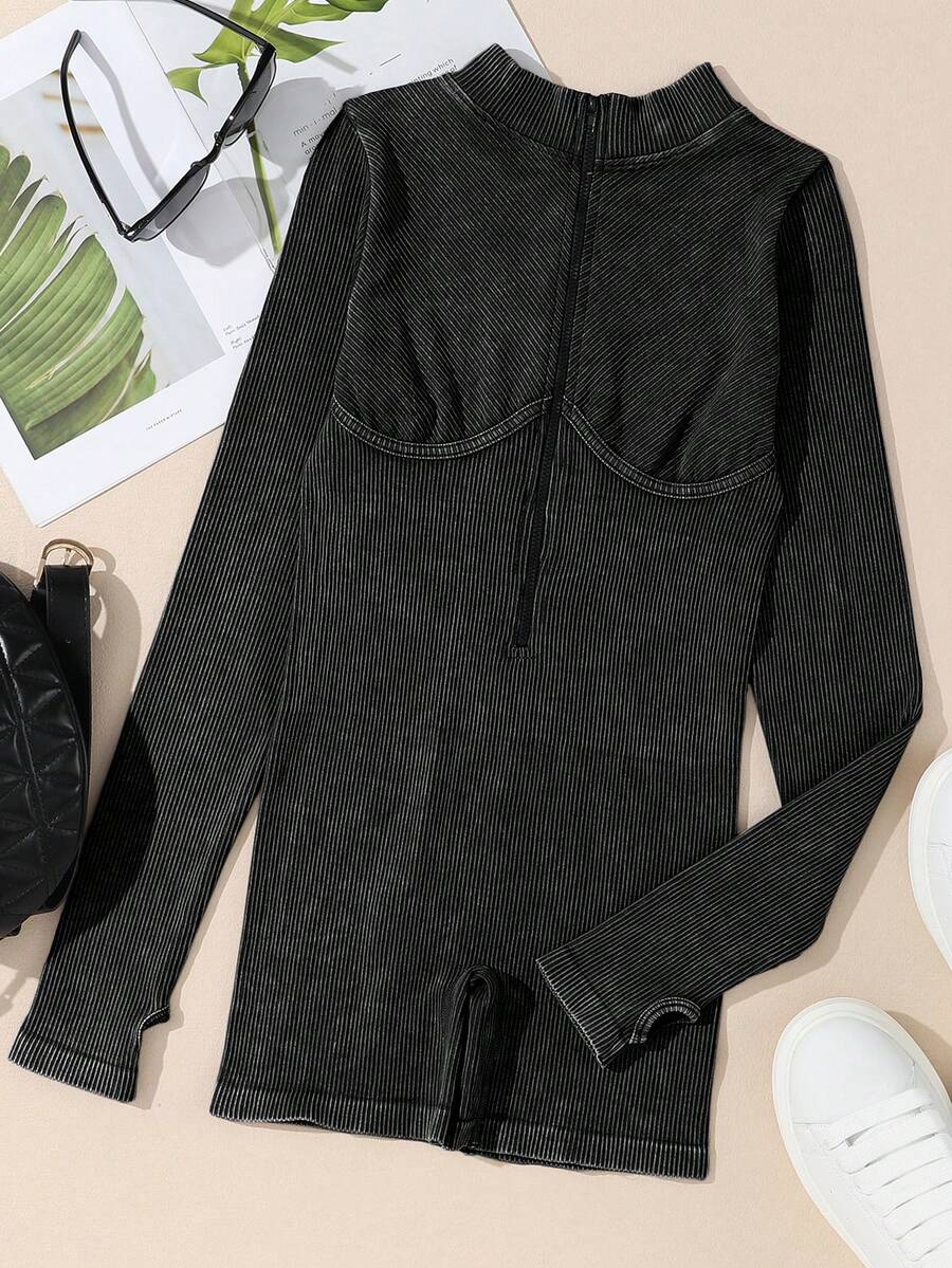 Women Long Sleeve Front Zipper One Piece Sport Jumpsuits Rompers - Black - View 1