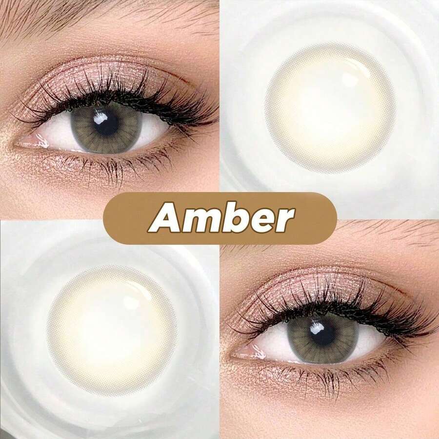 2入組年度琥珀色隱形眼鏡，直徑14.2mm，化妝美瞳 - 黃色 - 查看 1