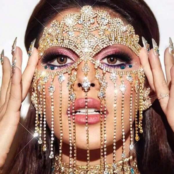 Máscara con borlas de cristal al estilo de los bloggers de INS, máscara de lujo con flecos, máscara de moda sexy y glamorosa europea, máscara decorativa para mascarada, máscara de maquillaje de moda europea estadounidense para baile, máscara con diadema exagerada de strass, máscara femenina 06