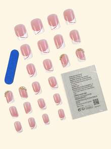 24入組短方形粉色時尚法式線條流金鑲鑽美甲套裝，可分離式貼片，適用於節日、派對、約會和日常佩戴，讓您更具迷人氣質，裝飾您的指甲 - 粉色 - 查看 3