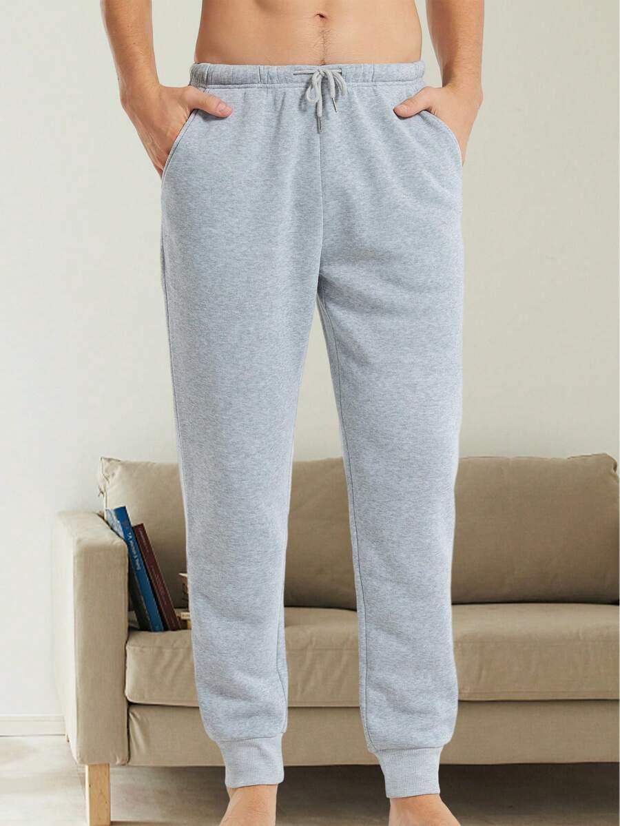 Nam Dày Flannel Eo đàn hồi Dệt kim Màu thuần Dài Quần Với túi , Ấm áp Nhà  & Đồ ngủ - Xám - Xem 1
