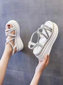 Của phụ nữ Dày Giày cao gót Đồ trang trí Rhinestone Nêm Gót chân Dép xăng đan Với Chóp giầy mở ra , Chống trơn trượt Khóa dây đeo , Đúng mốt bờ biển Giải trí Giày dép - Màu be - Xem 2