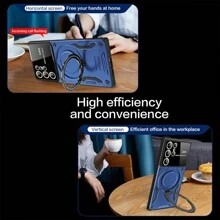 1pc Deep Sea Blue U Shield Protective Phone Case With Magnetic Car Mount And Ring Kickstand Three In One, Compatible With Samsung Galaxy And Apple Iphone Series - Blue - View 8