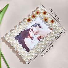 1 Pieza Marco De Foto Incrustado Con Perlas Y Diamantes Con Soporte, Marco De Foto Decorativo De Resina (forma Rectangular) - Blanco - Ver 6