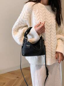 New Fashionable Simple Folded Woven Pu Colorblock Tote Shoulder Crossbody Bag - Black - View 2
