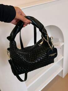 New Fashionable Simple Folded Woven Pu Colorblock Tote Shoulder Crossbody Bag - Black - View 4