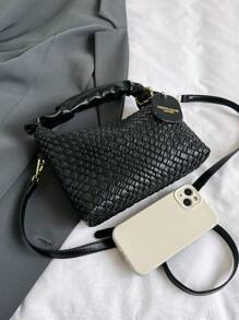 New Fashionable Simple Folded Woven Pu Colorblock Tote Shoulder Crossbody Bag - Black - View 5