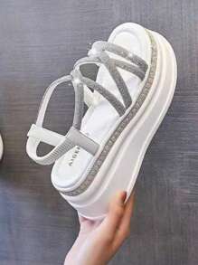 Của phụ nữ Dày Giày cao gót Đồ trang trí Rhinestone Nêm Gót chân Dép xăng đan Với Chóp giầy mở ra , Chống trơn trượt Khóa dây đeo , Đúng mốt bờ biển Giải trí Giày dép - Màu be - Xem 3