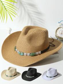 1個中性款流蘇貝殼裝飾波西米亞牛仔帽,帶遮陽罩草帽,適用於戶外活動 - 多色2 - 查看 9