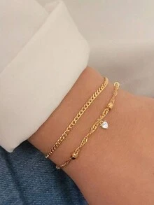 Nooxian 2入組女式時尚簡約鏈條手鍊,帶有立方氧化鋯邪惡之眼和珍珠吊墜,金色 - 金黃色 - 查看 1