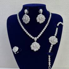 新娘首饰套装，包括玫瑰形耳环、项链、手链和戒指，镶嵌透明方晶锆石，非常适合搭配婚纱和情人节礼物，适合送给女朋友、妈妈、母亲、母亲节、礼物 - 四件套 - 查看 12