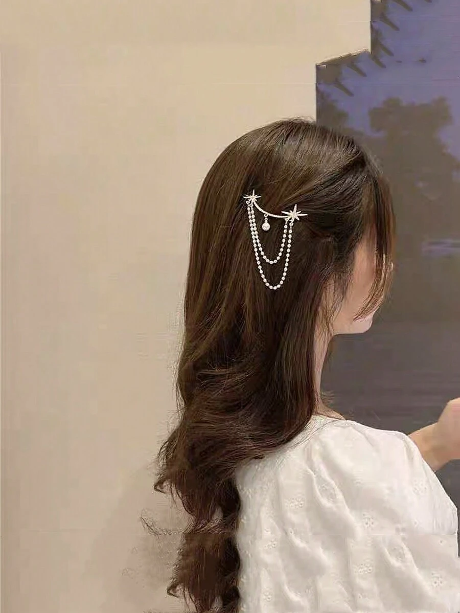 1 chiếc kẹp tóc thời trang đính ngọc trai giả và đá pha lê hình ngôi sao, mặt trăng, tua rua, dùng hàng ngày, kiểu kẹp càng cua. - Nhiều màu - Xem 1