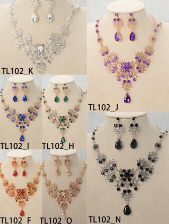 3pcs Women's Alloy & Rhinestone Flower Design Necklace & Earrings Set, Bridal Wedding Party Jewelry Decoration Royal