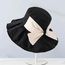 超大邊沿遮陽帽，新款蝴蝶結海灘帽，韓式時尚草帽，女士春夏秋寬邊帽，臉部護罩休閒帽，防紫外線保護帽 - 黑色 - 查看 5