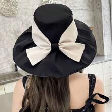 超大邊沿遮陽帽，新款蝴蝶結海灘帽，韓式時尚草帽，女士春夏秋寬邊帽，臉部護罩休閒帽，防紫外線保護帽 - 黑色 - 查看 2