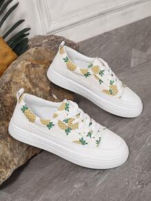 女用低筒運動鞋,前細帶,塗鴉鳳梨設計,輕便,休閒學生平底白鞋 - 米色 - 查看 2
