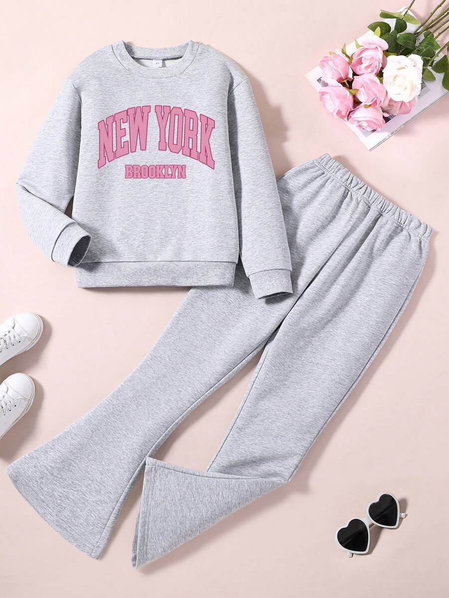 少女漫畫圖案和字母印花圓領運動上衣和鈴蕾褲 - 灰色 - 查看 1