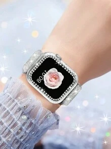 2合1玻璃保護殼附保護膜 + 閃亮彈性錶帶，適用 40mm 41mm 42mm 44mm 45mm 46mm，相容 Series 11 10 9 8 7 6 5 4 3 2 1 SE，可調節尼龍腕帶，閃亮鑽石水鑽全包防摔緩衝保護殼，時尚女款女孩款 - 銀色 - 查看 4