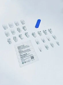 憑藉24入組長形橢圓形閃爍鑽石3D花朵裝飾假指甲，1入組指甲修整文件和1張指甲片，讓您的指甲焕然一新，成為美甲必備用品 - 銀色 - 查看 4