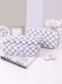 1pc Simple Checkerboard Pattern Student Pencil Case, Fabric Large Capacity Multi-Functional Stationery Organizer Storage Bag Pencil Box - Multicolor - View 7