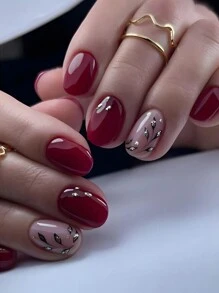 24pcs Y2K Cherry Red Shiny Leaf Reflection Design Short Square Nail Stickers, Suitable For Women And Girls Nails Nail Supplies - Burgundy - View 1
