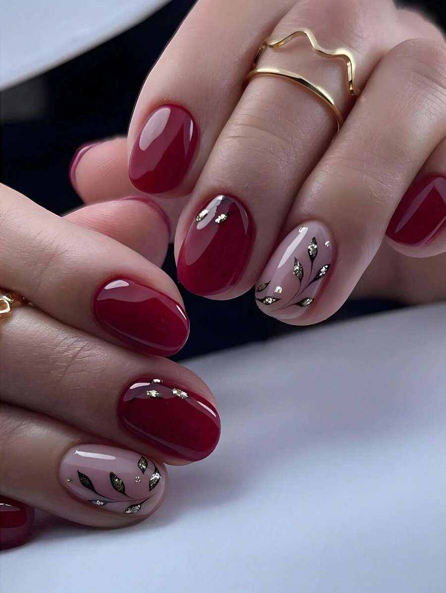 24pcs Y2K Cherry Red Shiny Leaf Reflection Design Short Square Nail Stickers, Suitable For Women And Girls Nails Nail Supplies - Burgundy - View 1