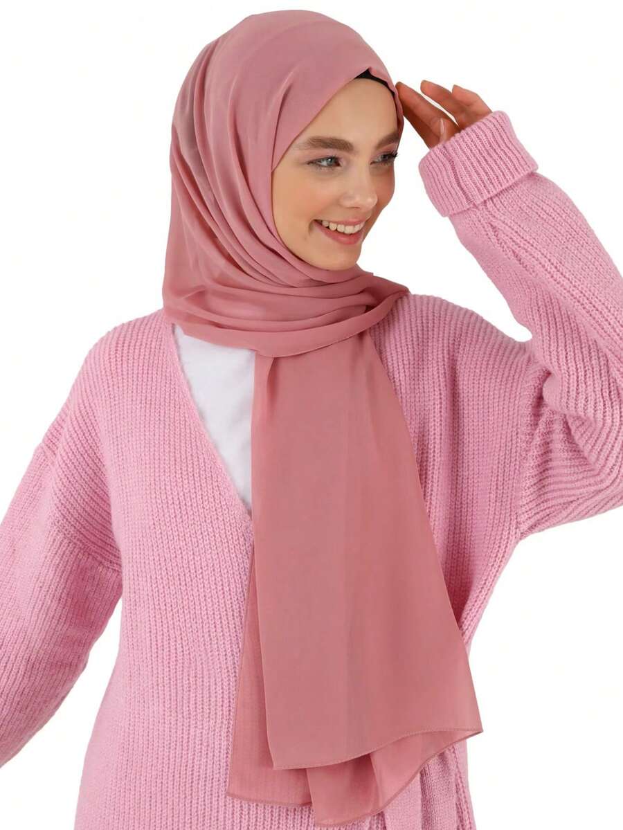 Sakura Pink Chiffon & Jersey Hijab Shawl - Redwood - View 1