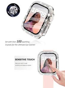 2合1玻璃保護殼附保護膜 + 閃亮彈性錶帶，適用 40mm 41mm 42mm 44mm 45mm 46mm，相容 Series 11 10 9 8 7 6 5 4 3 2 1 SE，可調節尼龍腕帶，閃亮鑽石水鑽全包防摔緩衝保護殼，時尚女款女孩款 - 銀色 - 查看 12