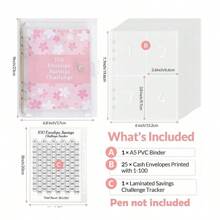 A5 PVC Cherry Blossom Patterned 100-Day Money Saving Challenge Loose-Leaf Binder With Pouch And Transparent Budget Envelopes, And Dollar Notes Notepad Set - Clear - View 1
