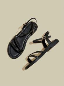 Women's Black Flat Open Toe Strap Sandals, Simple Minimalist Thin Strap Soft Bottom Beach One-Buckle Strap Sandals